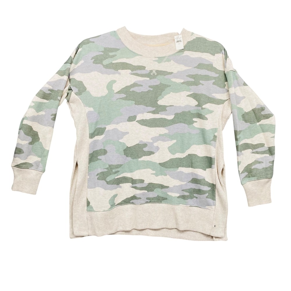 Aerie Womens Camo Print Side Slit Crew Neck Sweatshirt Top Green Beige‎ Size S